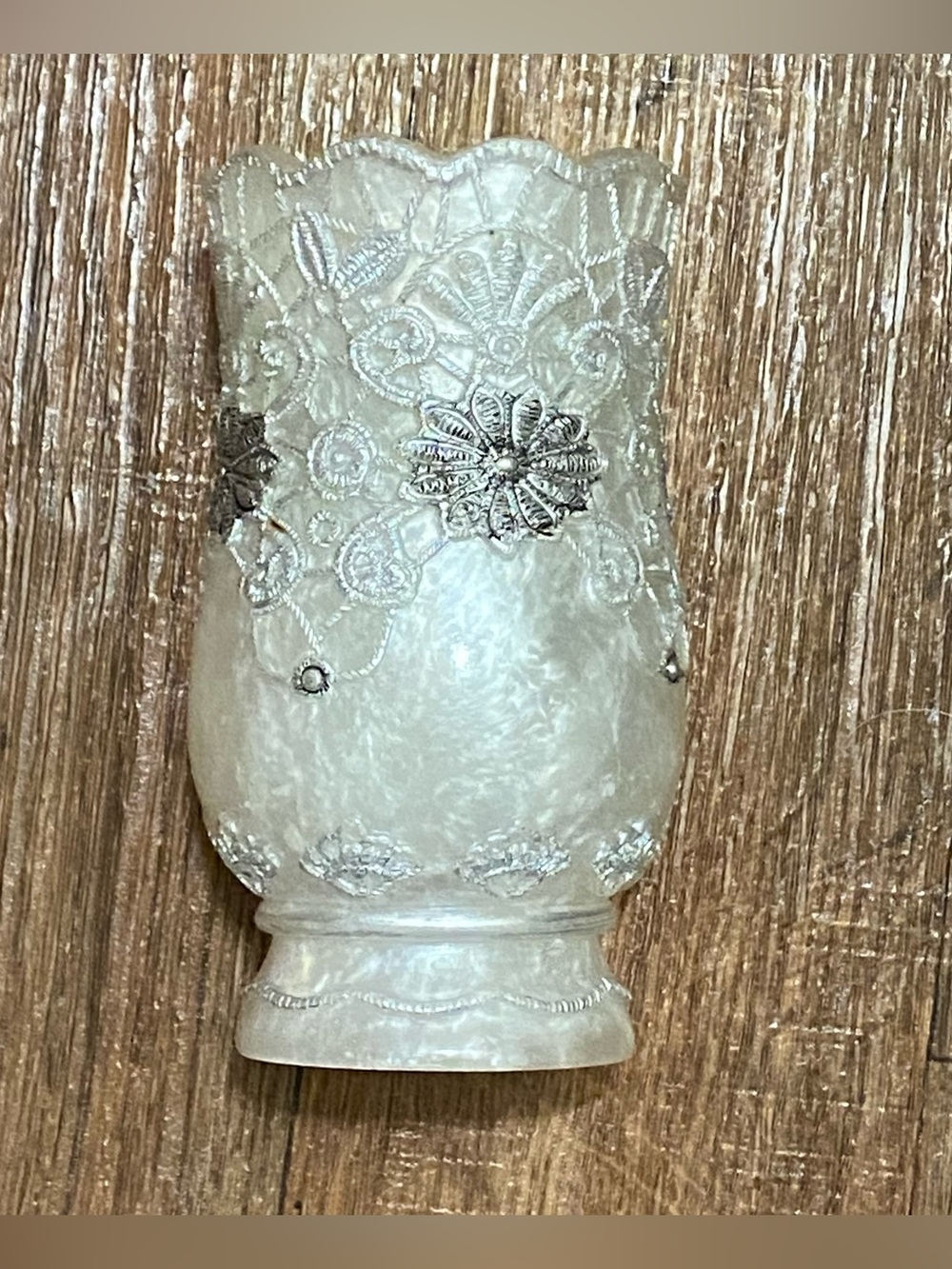 Hurricane Tealight Candle Holder Vase Victorian Lace White Silver 5”H Goth